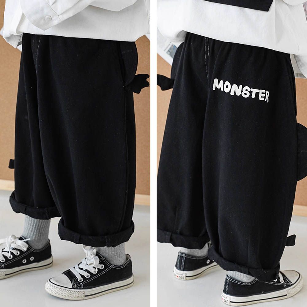 立體休閒寬版長褲-小怪獸-黑色