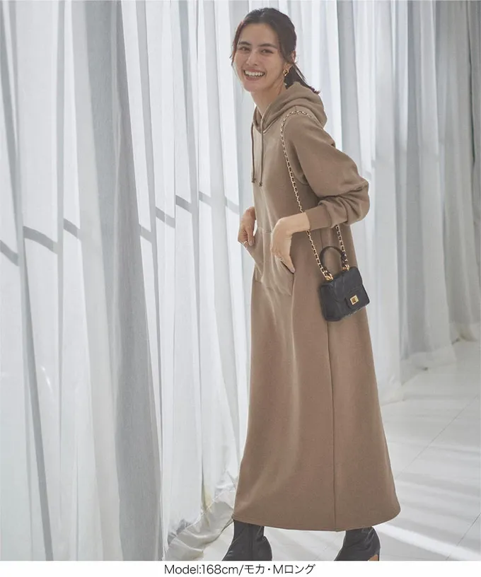 日本 Kobe Lettuce - 極上溫暖 裏起毛修身帽T長袖洋裝-黑