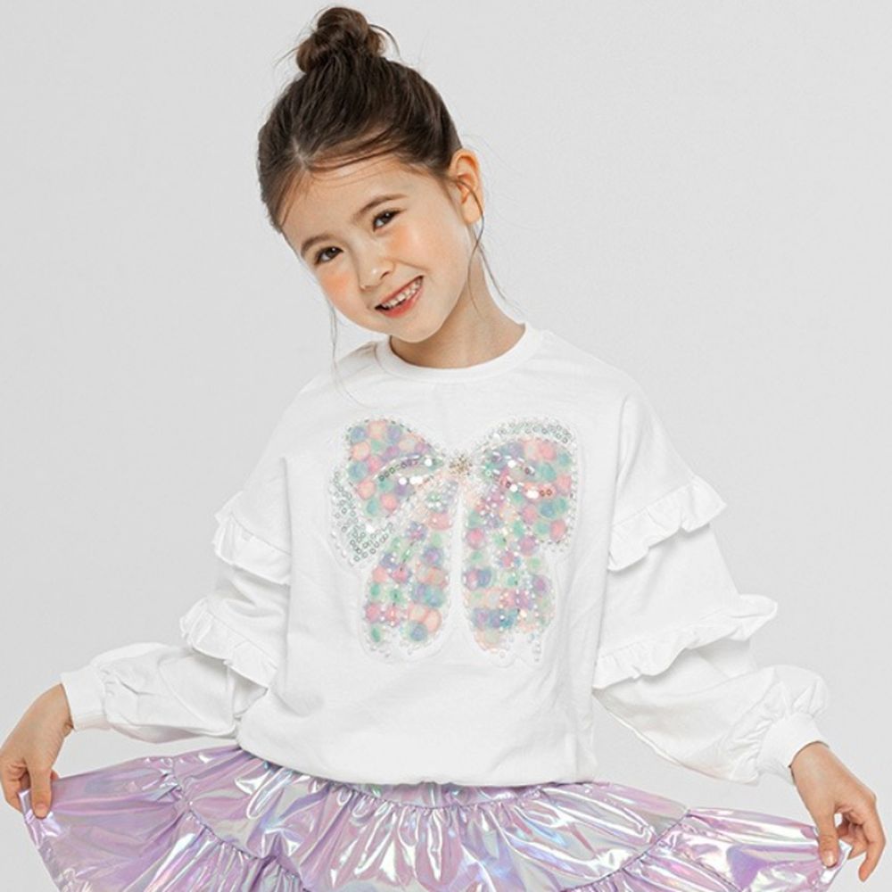 繽紛網紗玫瑰珠飾蝴蝶結荷葉邊袖大學T-白