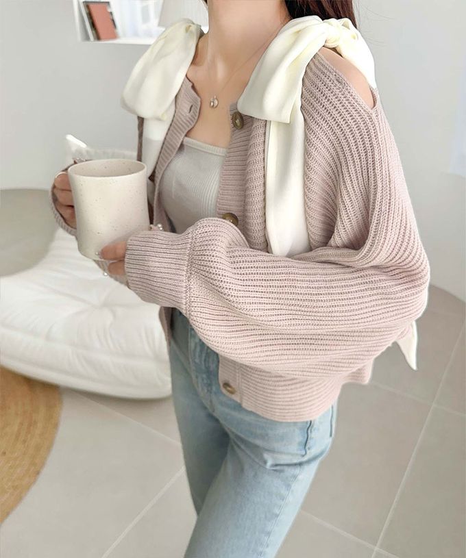 日本 Classical Elf - mily bilet 露肩甜美大蝴蝶結羅紋開襟衫-藕粉