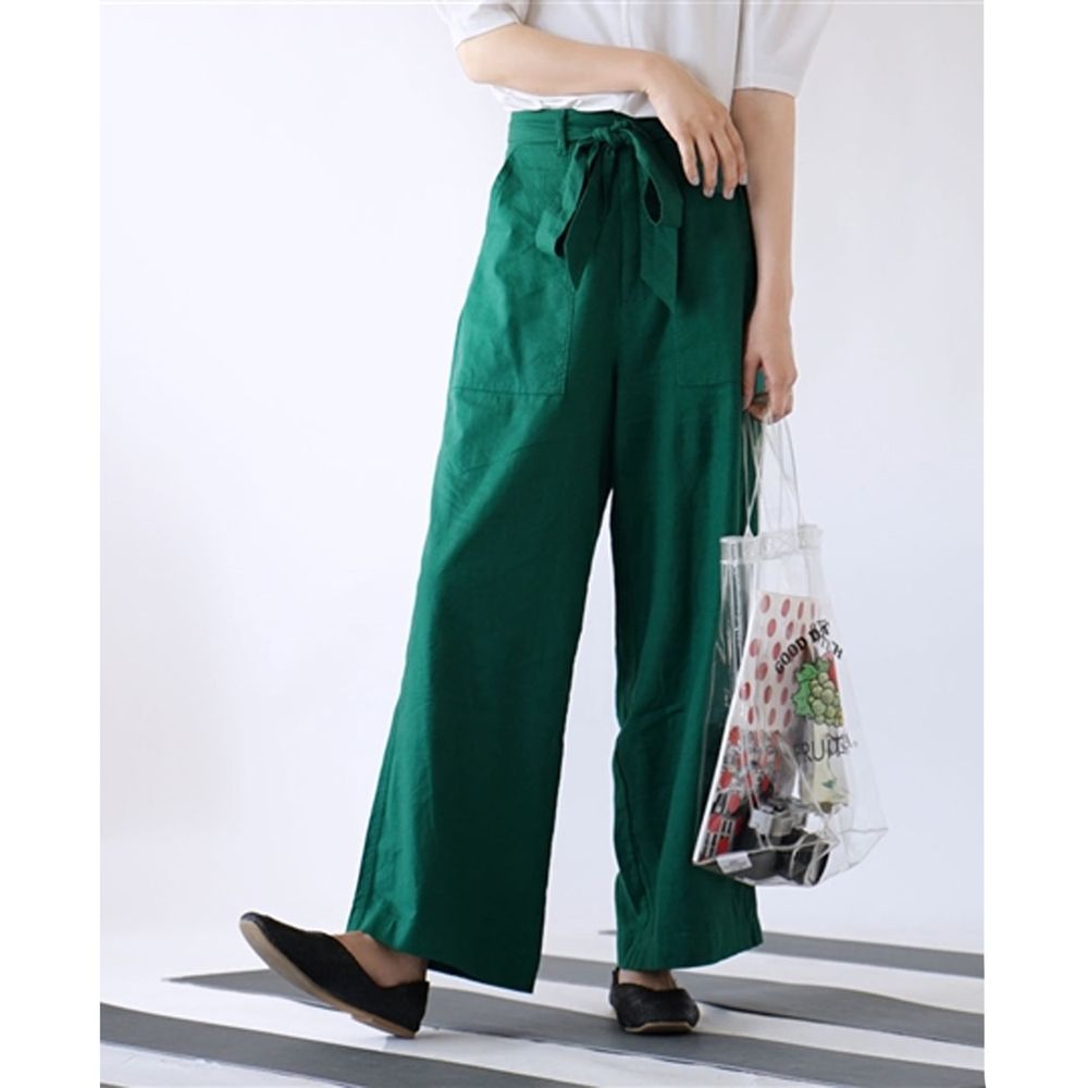 日本 zootie - 麻料舒適綁帶寬褲-正綠
