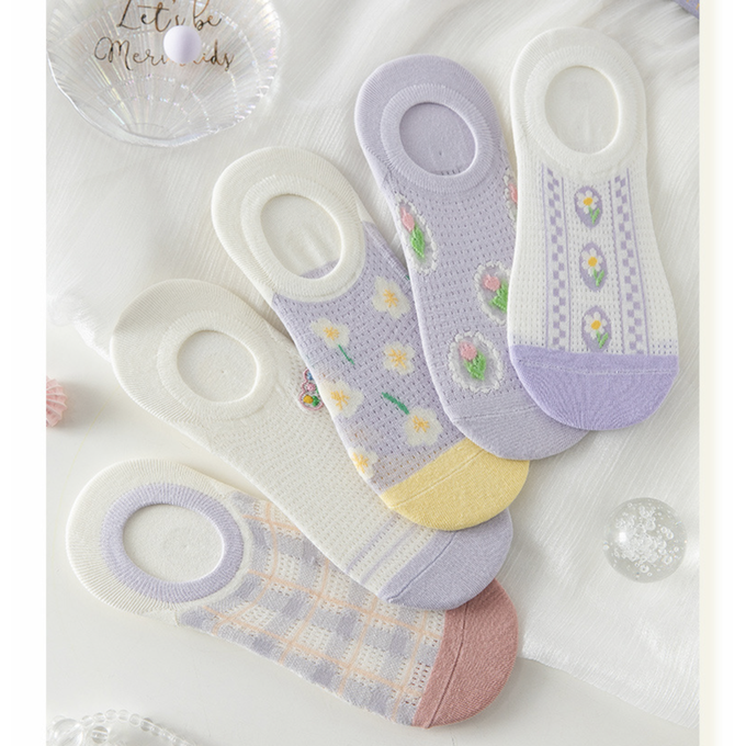 love, charlotte - 氣質淺紫小碎花防滑隱形棉襪 (XXL (22~24cm))-5 雙一組