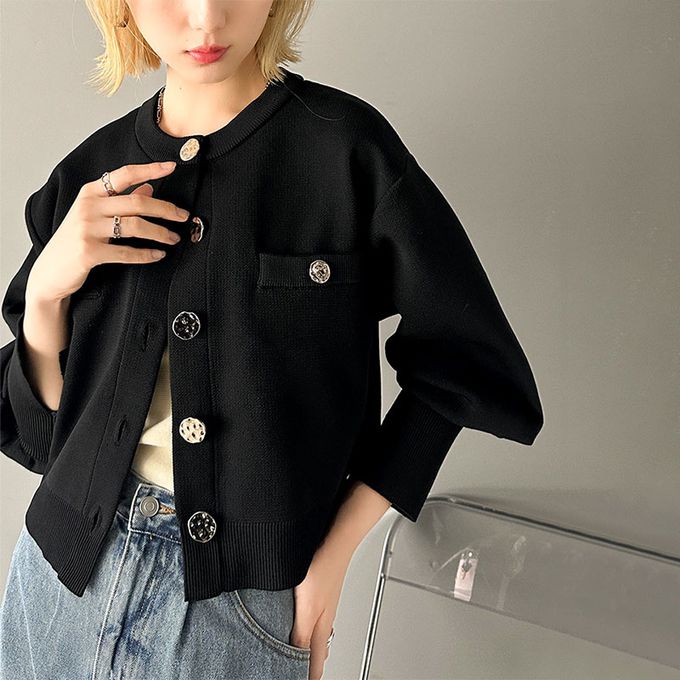 日本 Classical Elf - 風格金屬扣時尚短版開襟外套-黑