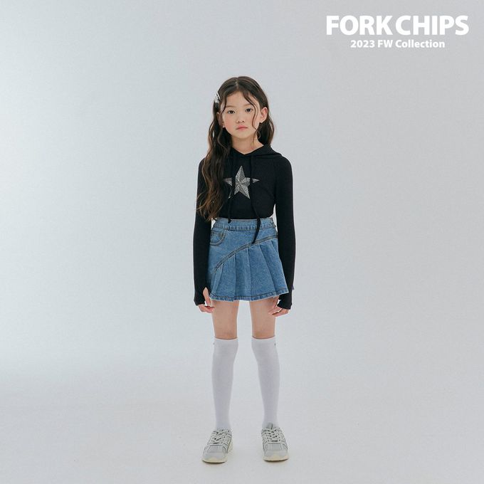韓國 FORK CHIPS - 鬆緊腰不對稱百褶丹寧褲裙
