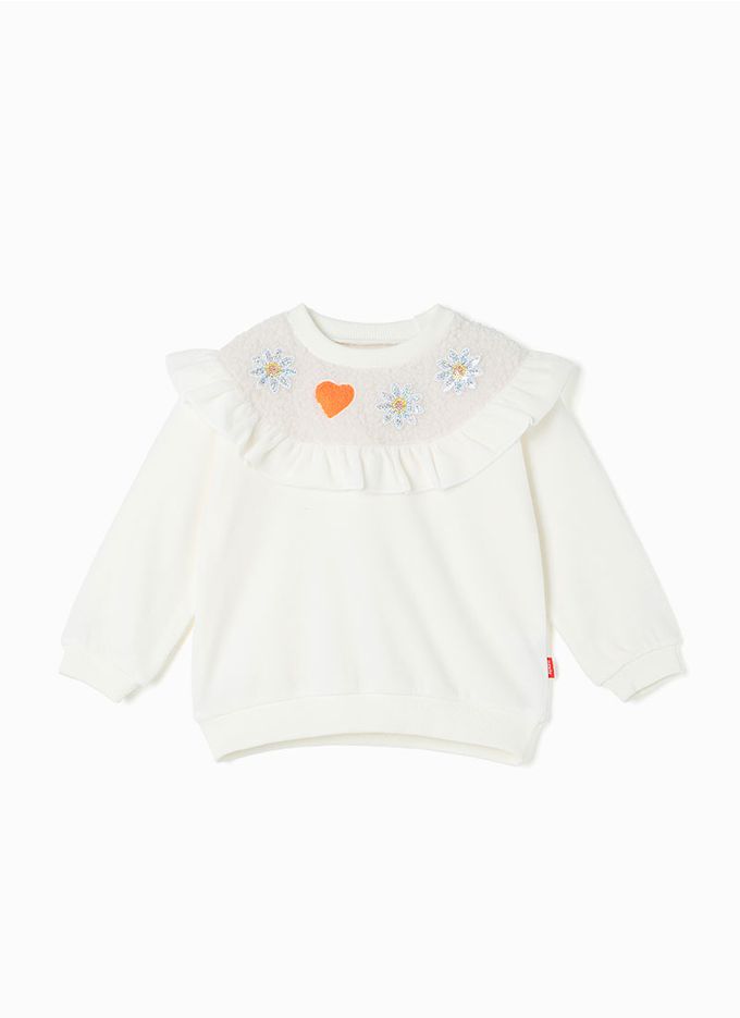 韓國 OZKIZ - 閃亮雛菊波浪暖絨長袖大學T-象牙白