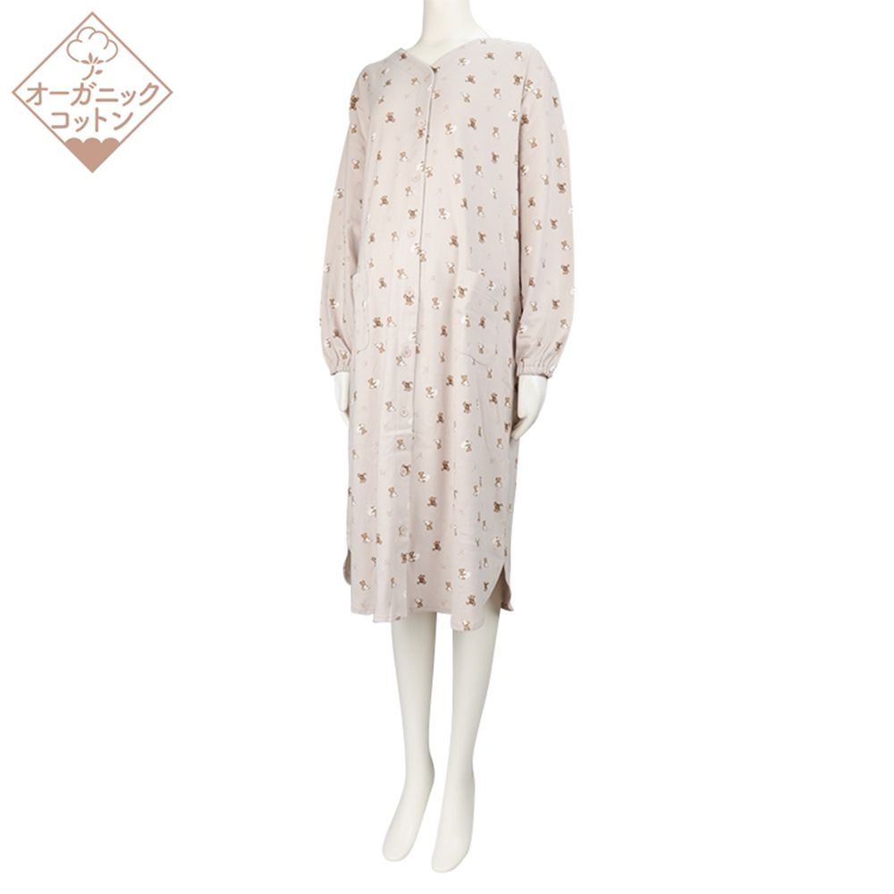 長袖有機棉洋裝-小熊-淺卡其色 (M~L)