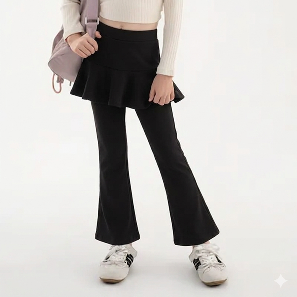 內搭喇叭褲裙-荷葉裙擺-黑色