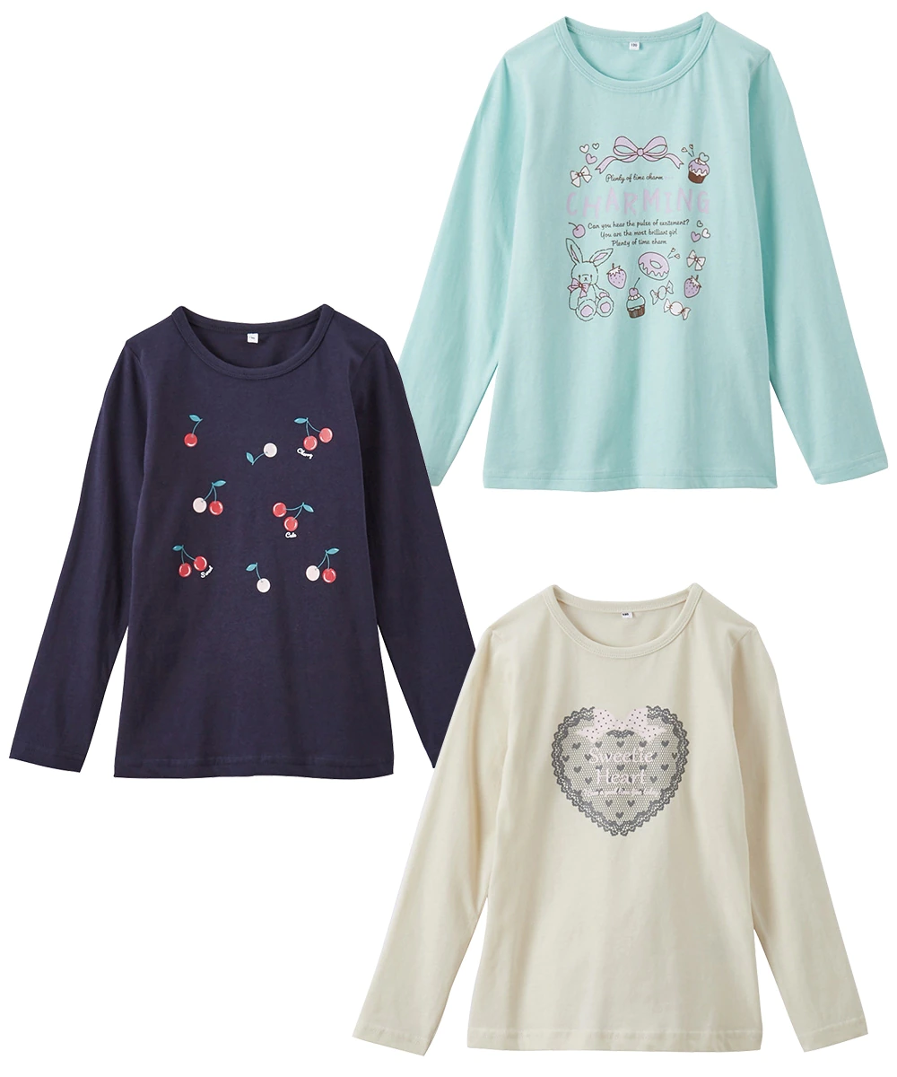 日本 Nissen - 純棉印花長T 超值三件組-少女系-粉/紫/水藍