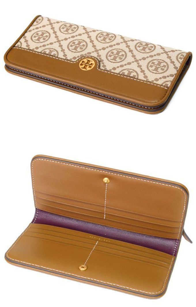 TORY BURCH - 雙T-LOGO提花拼接皮革拉鍊長夾 (卡其駝)