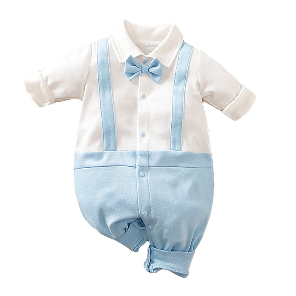 JoyNa - 寶寶西裝連身衣 黑白格子 長袖包屁衣-淺藍領結