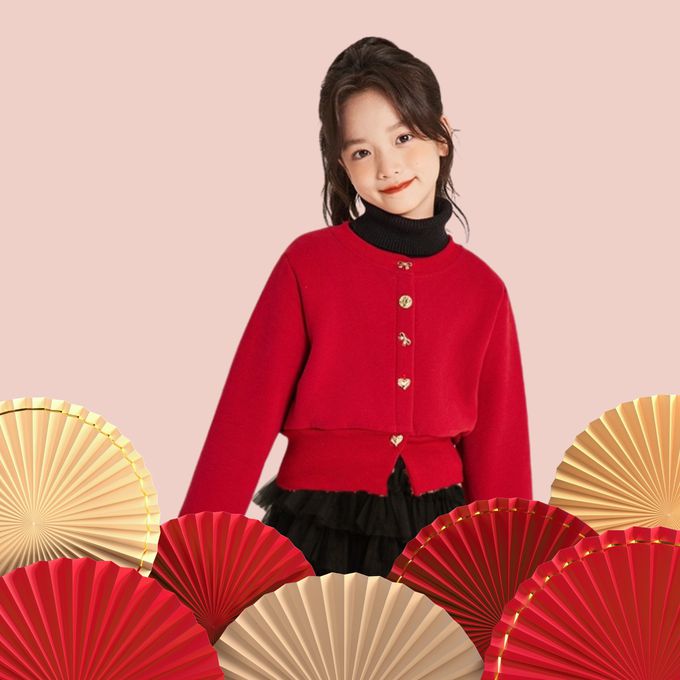 love, charlotte - 新年拜年紅色法式蝴蝶結金釦棉質開襟衫外套(內裡銀狐絨) - 新年紅