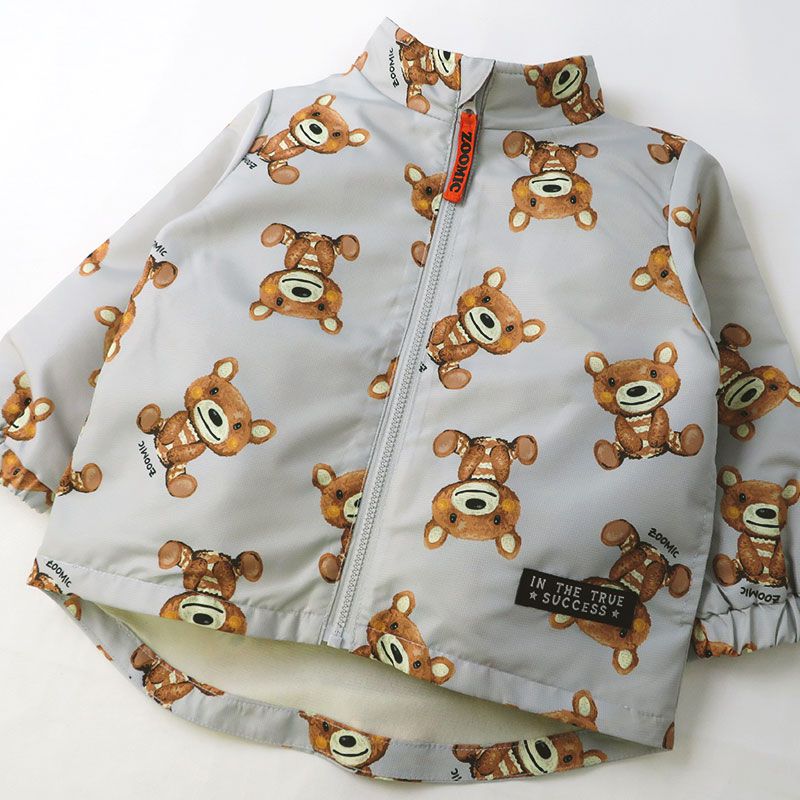 日本 ZOOLAND - 撥水加工 防風刷毛鋪棉外套-熊熊大集合-藍x卡其