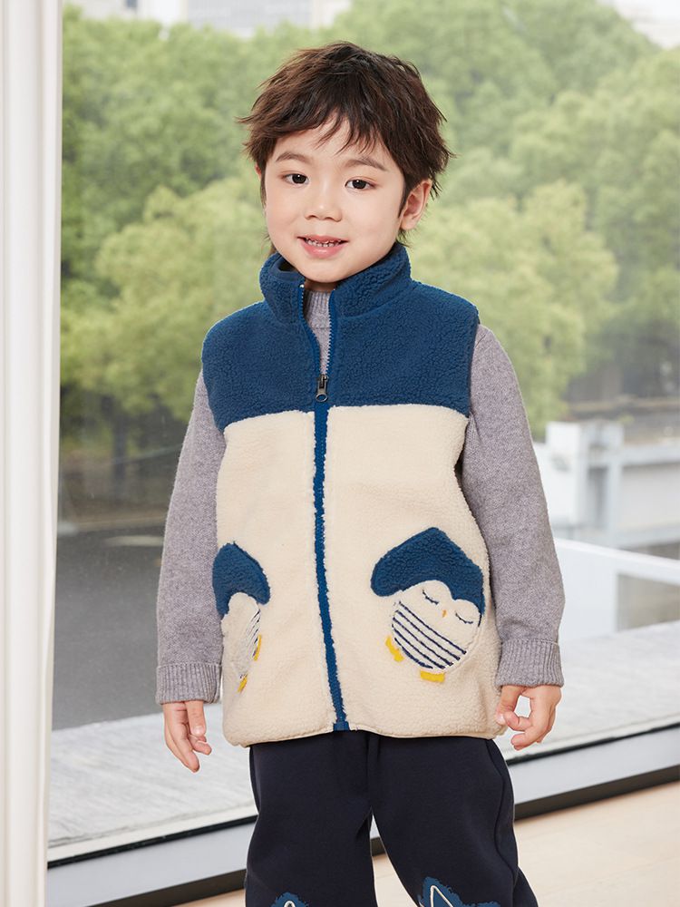 搖粒絨保暖兒童背心-企鵝口袋-杏+藍