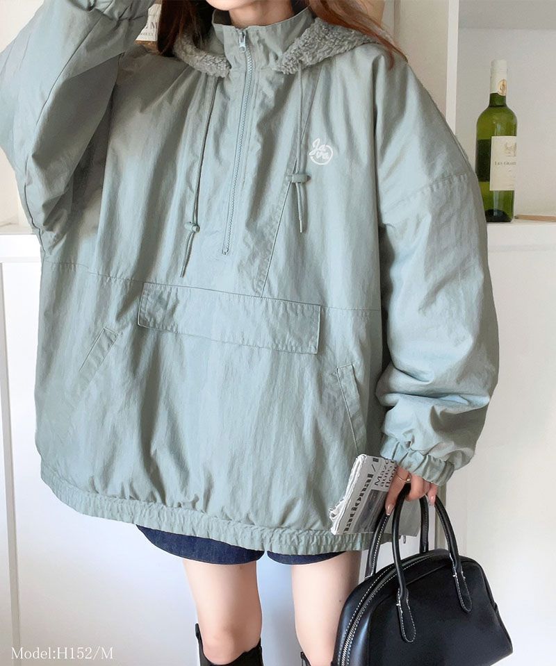 日本 Classical Elf - 刺繡防風前口袋鋪棉長袖上衣-摩卡