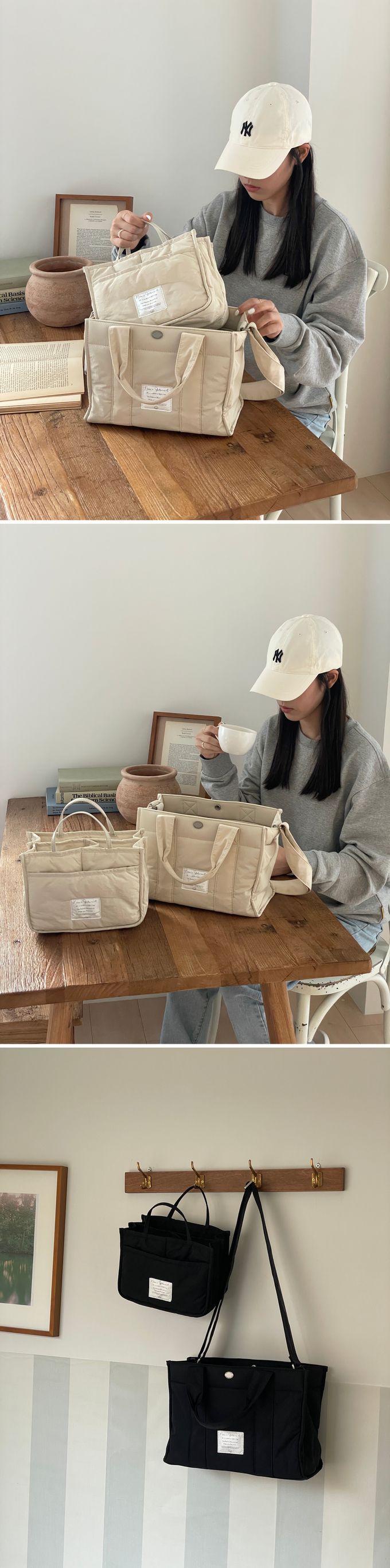 韓國 THEALLY - 尼龍手提/肩背兩用方形收納包-深卡其 (中)