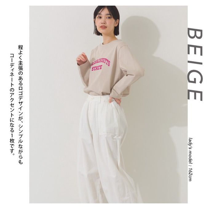 日本 OMNES - 100%棉 簡約英文標語長袖上衣-淺灰