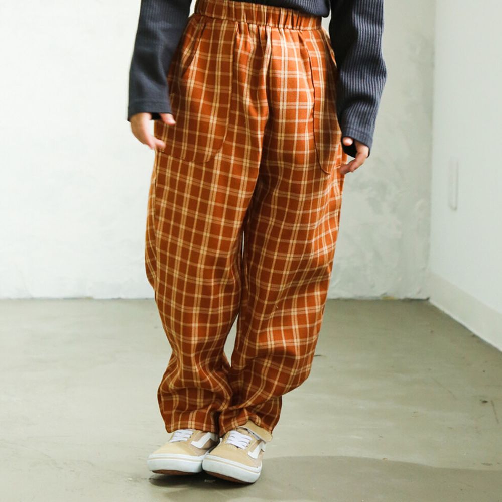 日本 PAIRMANON - 輕薄口袋寬鬆長褲-格紋-咖啡杏米