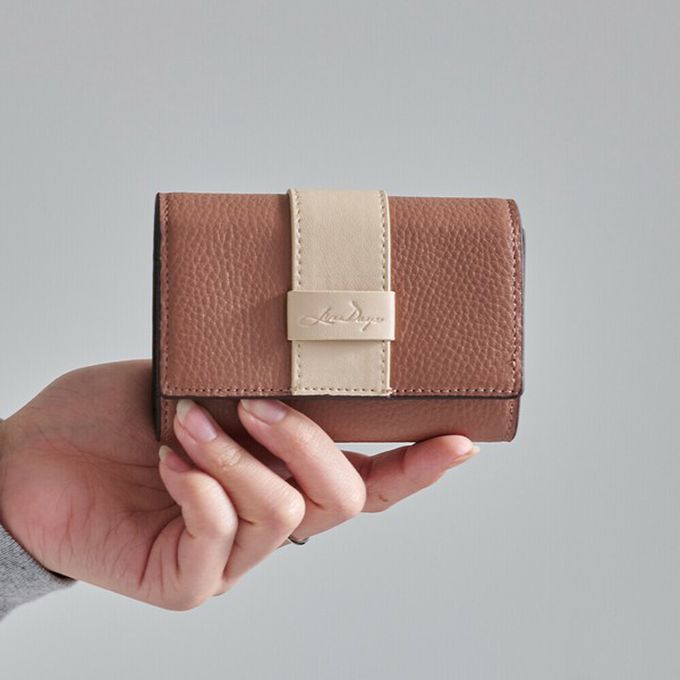 日本 LIZDAYS - 真皮迷你三折配色風琴短夾-湖水綠x橘棕