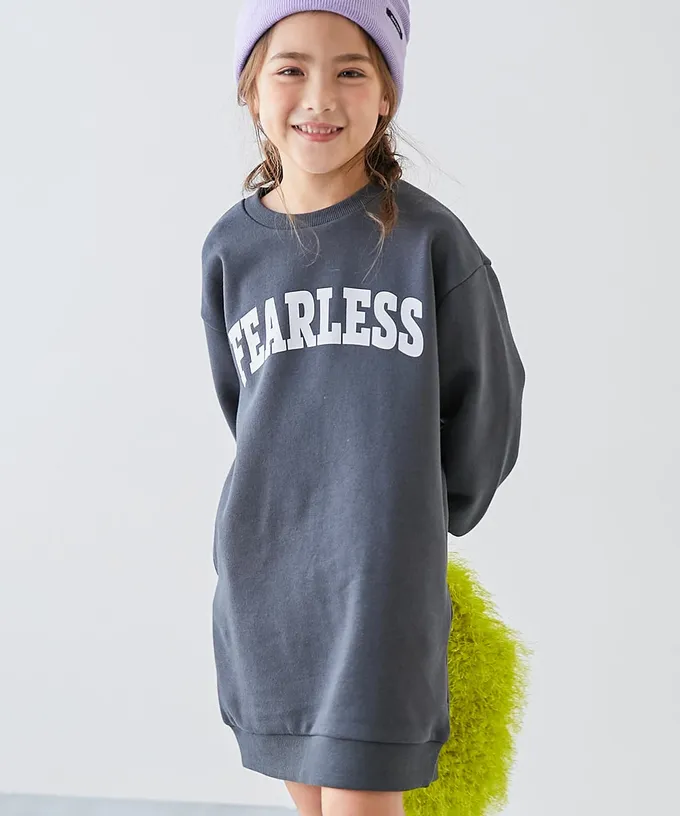 日本 devirock - 裏起毛落肩印花長袖洋裝-滿滿愛心-灰黑