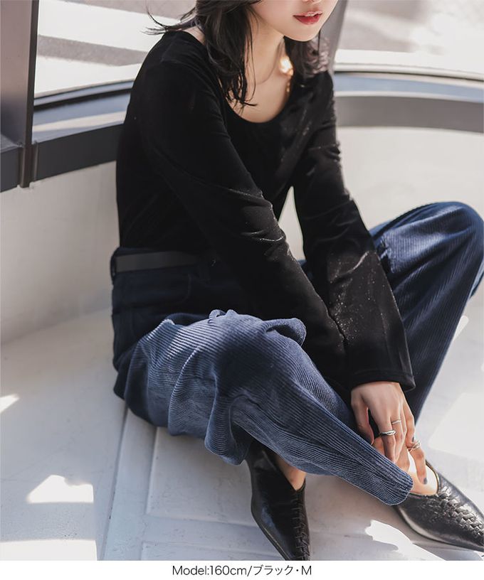 日本 Kobe Lettuce - 前後2way 光澤絲絨U領長袖上衣-卡其