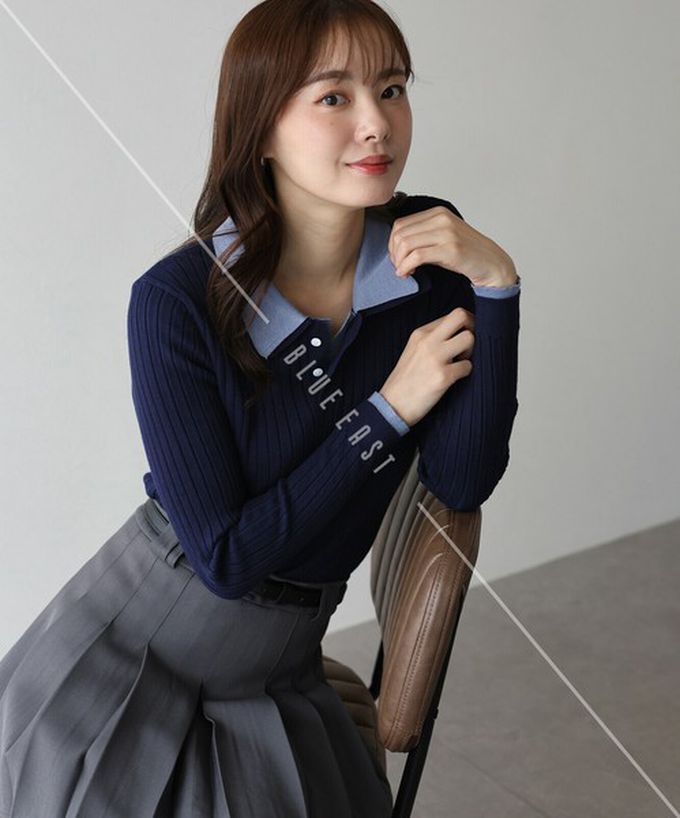 日本 BLUE EAST - 撞色雙層領針織polo長袖上衣-深灰x粉紅 (M)