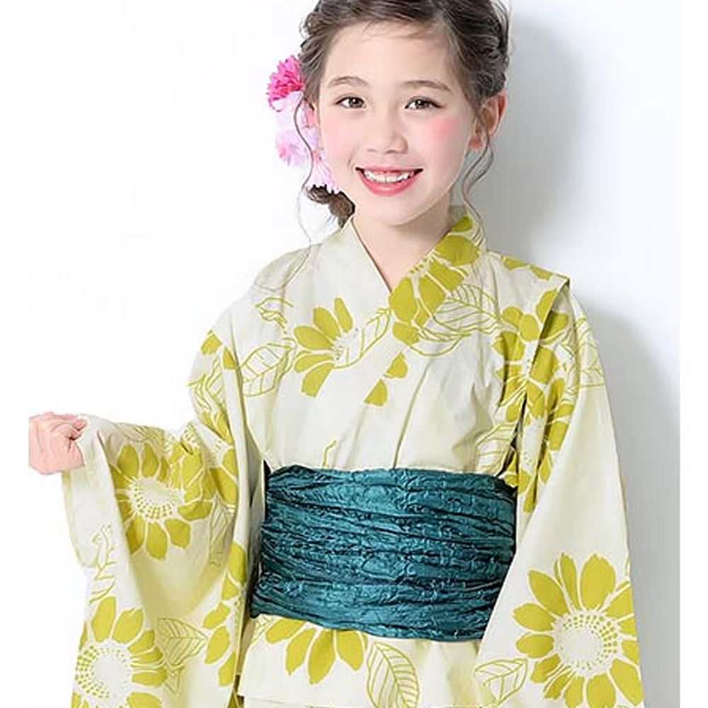 日本 devirock - 純棉夏日祭典花朵浴衣兵兒帶2件組-向日葵-白x綠