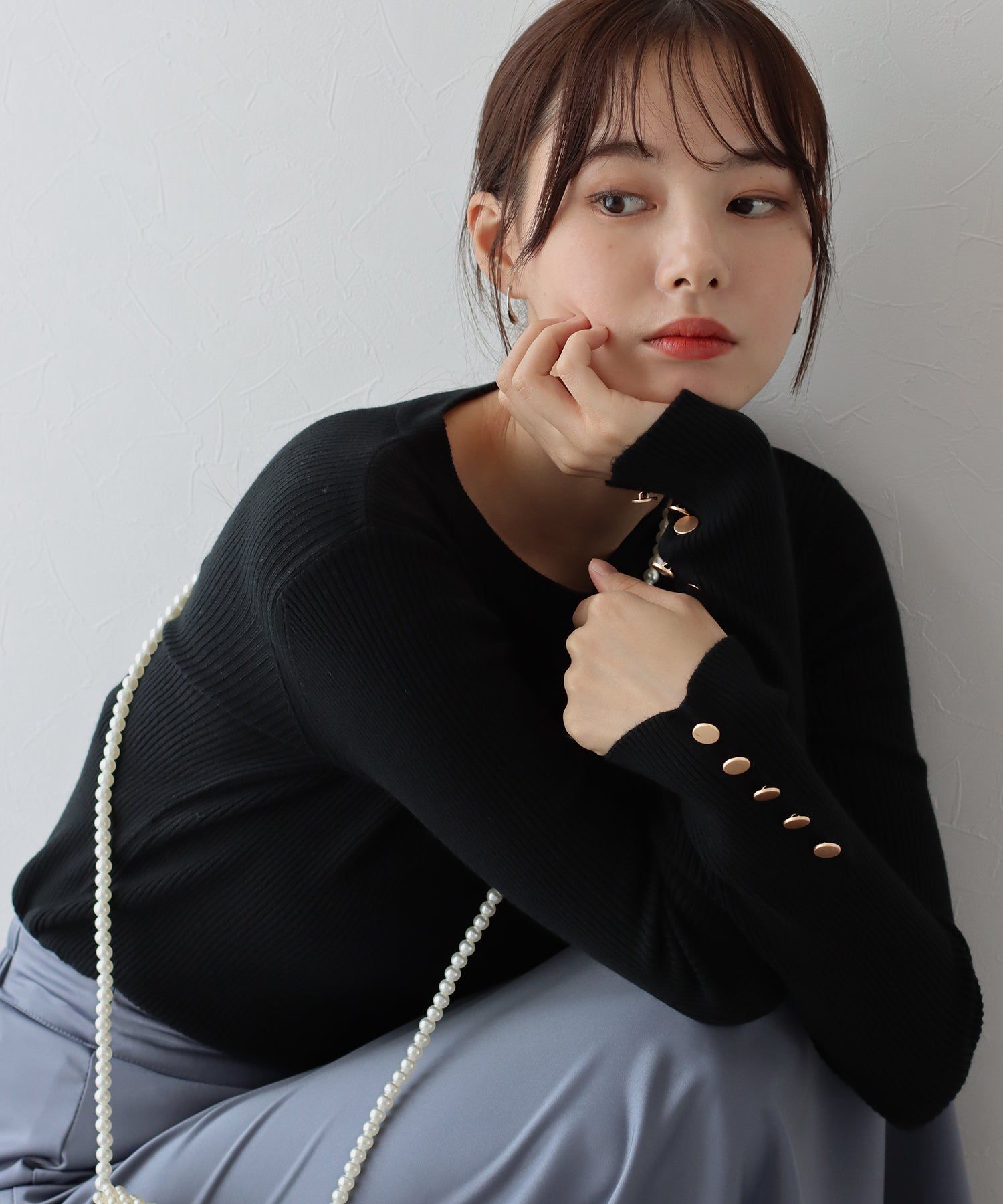 日本 BLUE EAST - 時尚金釦羅紋針織上衣-墨綠