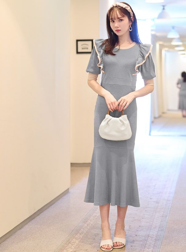 日本 GRL - 撞色荷葉滾邊修身魚尾短袖洋裝-摩卡棕