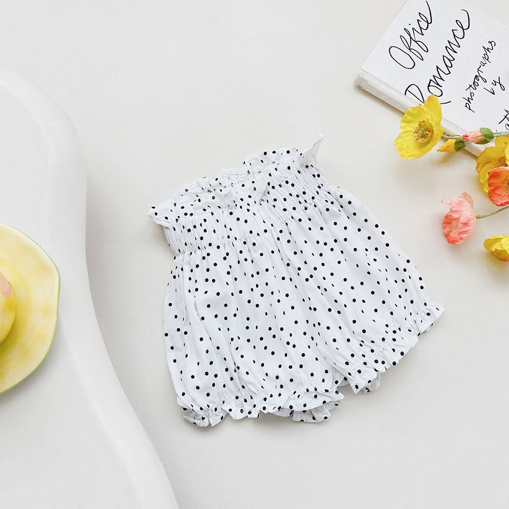 腰鬆緊休閒碎花燈籠短褲-小碎花-黑+白