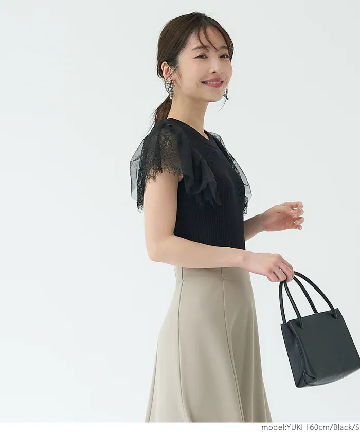 日本 COCA - 圓領坑條拼接蕾絲短袖上衣-黑