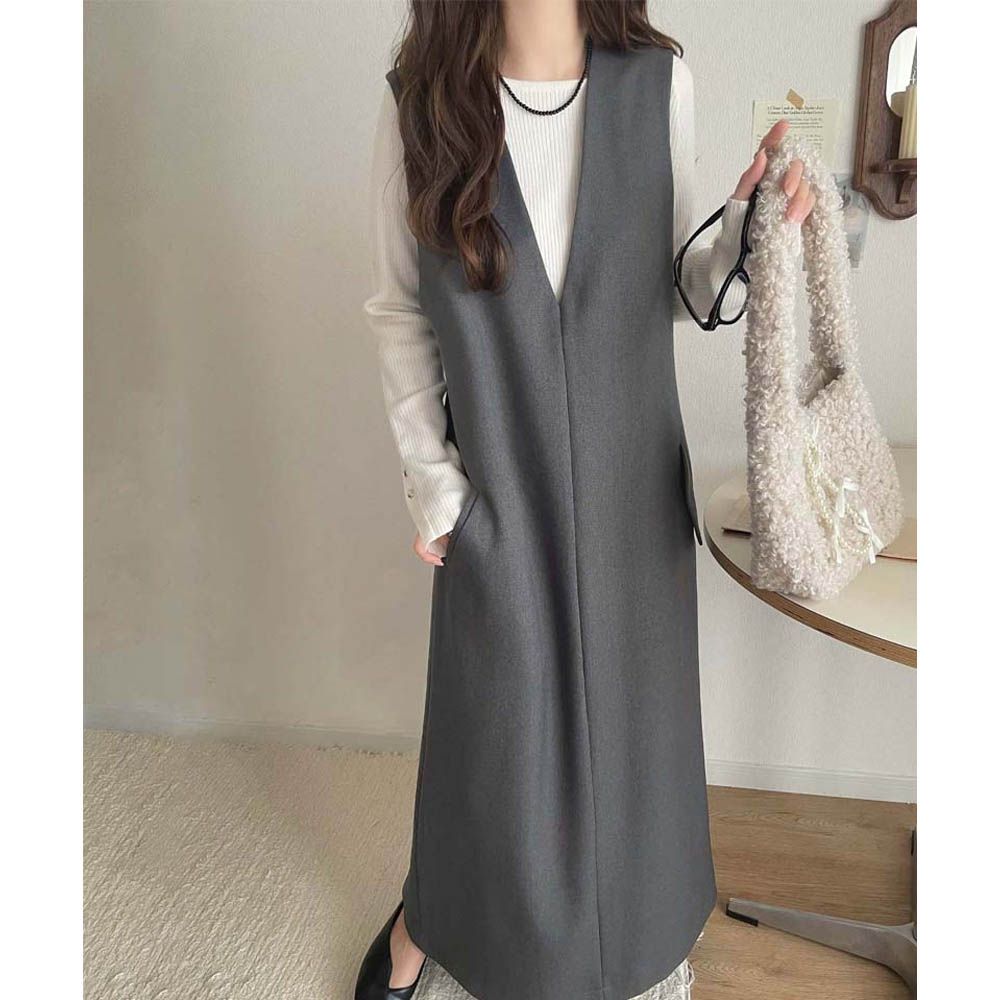 簡約深V領氣質線條背心裙-炭灰