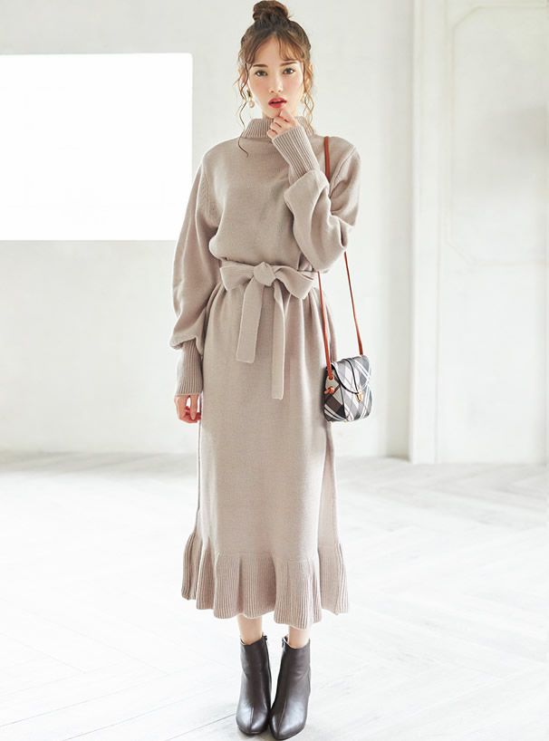 日本 GRL - 針織蝴蝶結綁帶荷葉擺洋裝-象牙白