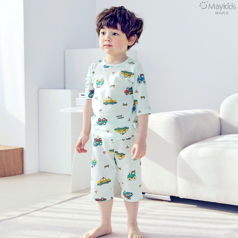 透氣條紋提花棉七分袖家居服-彩色工程車-淺綠