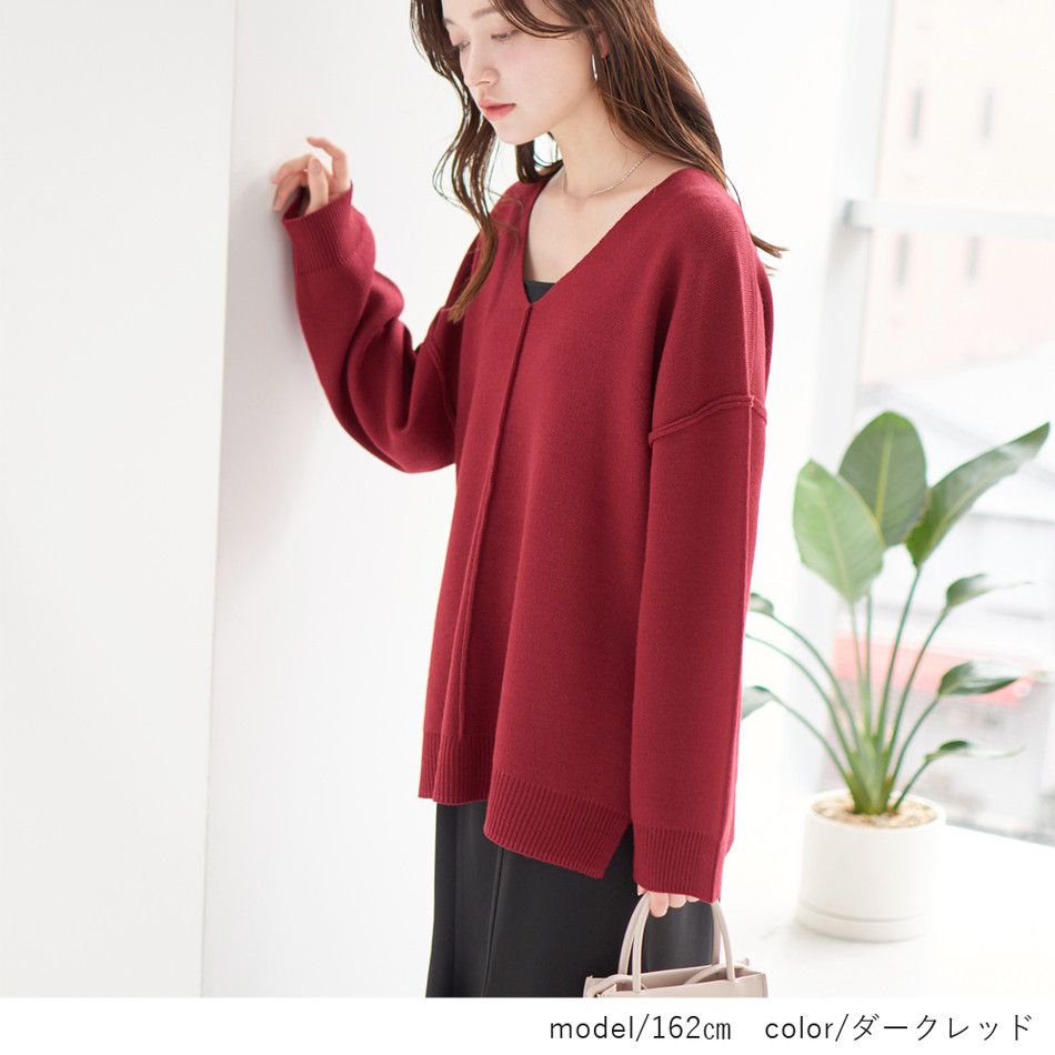 日本 Rejoule - 優雅簡約V領針織毛衣-質感紅
