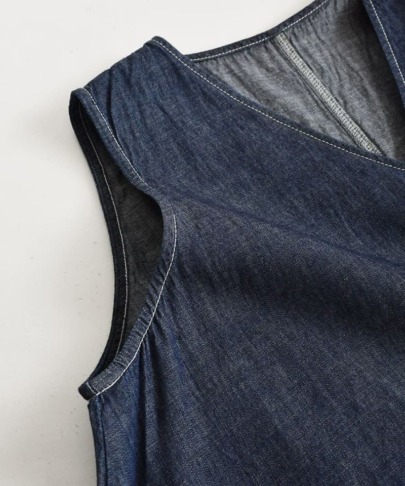 日本 zootie - 透氣丹寧V領無袖洋裝/背心裙-靛藍