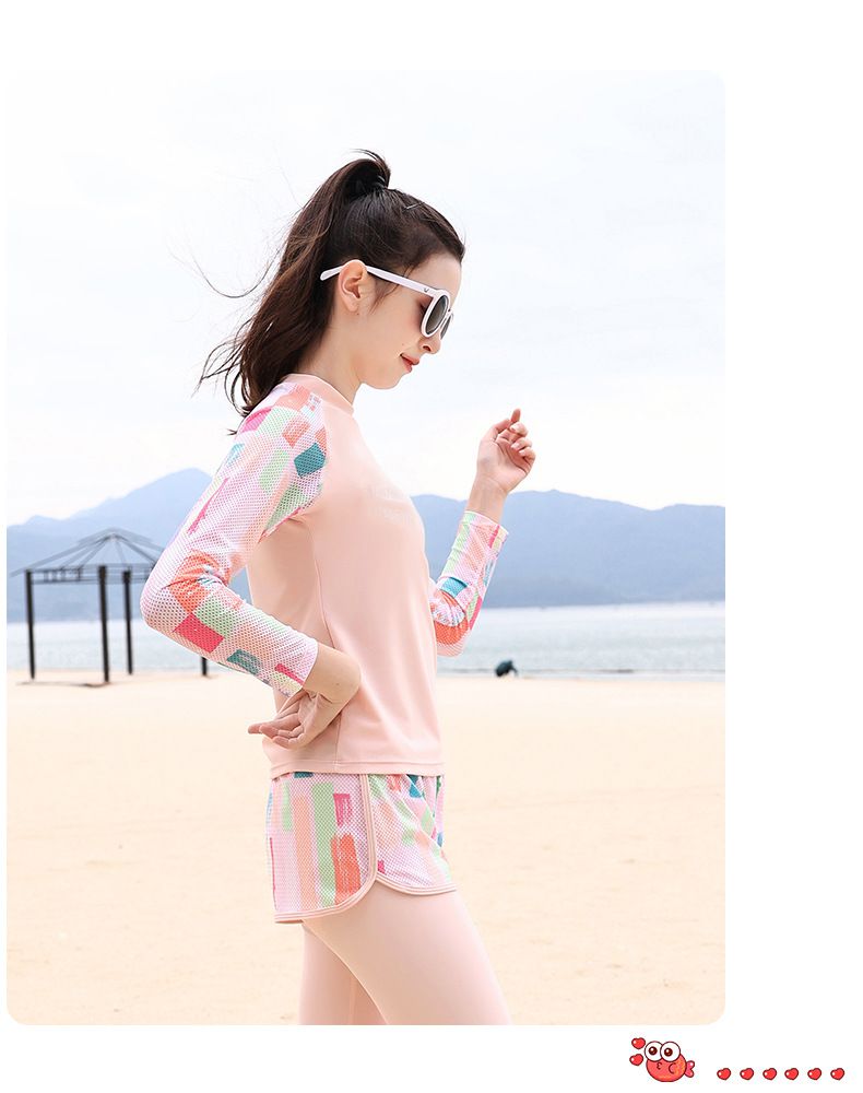 大童女孩速乾長袖泳衣套裝(三件組)-繽紛幾何-藍色-泳衣、長泳褲、短泳褲