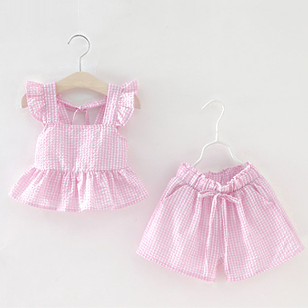 日本 enchante petit - 夏日風情格紋荷葉邊套裝-粉紅