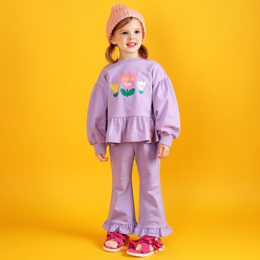 韓國 WALTON kids - 鬱金香荷葉拼接長袖套裝-紫