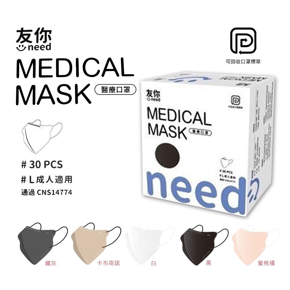 台灣康匠友你系列成人3D醫療級立體口罩-耳繩款-白色 (11*14cm (±0.5))-30入/盒(未滅菌)