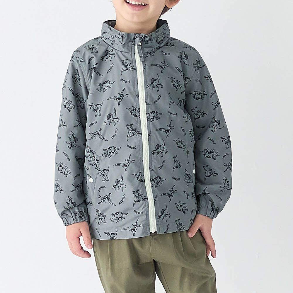 GITA 內裡純棉連帽防風外套(帽可收納)-恐龍-灰