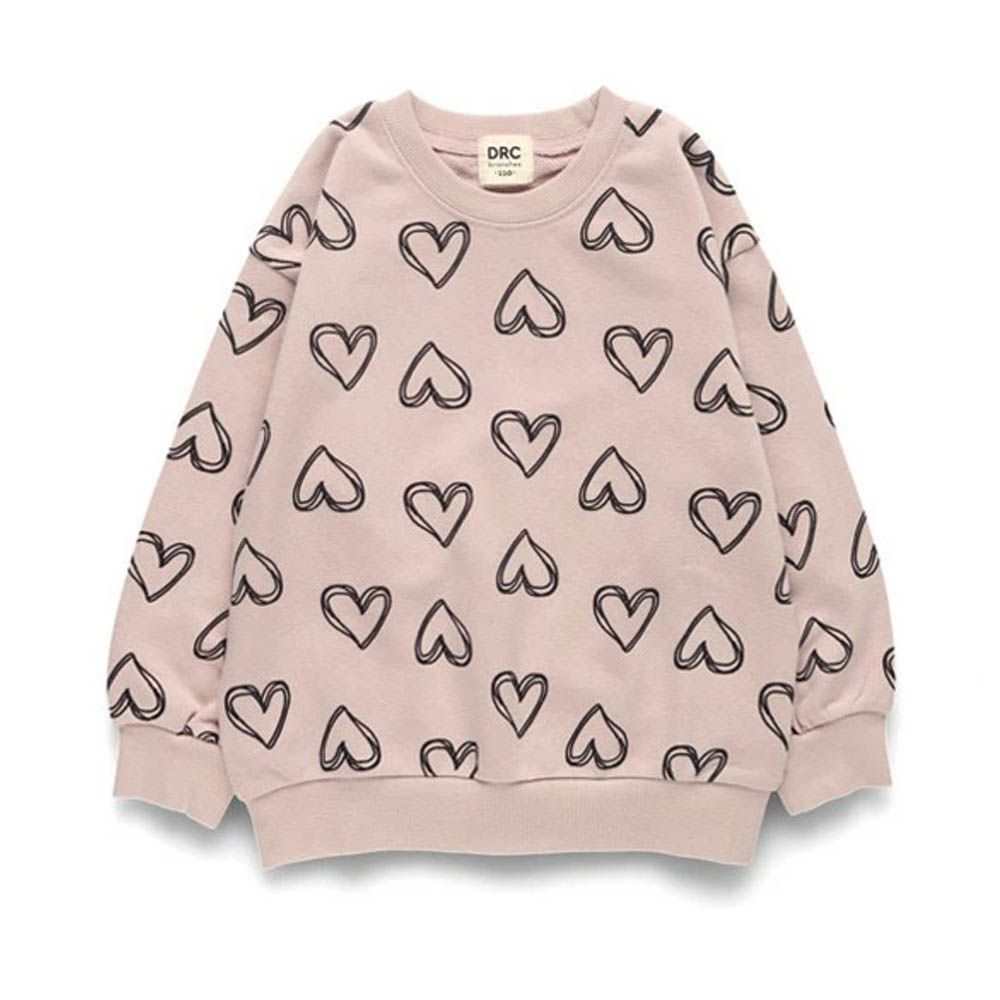 可愛女孩印花縮口長袖上衣-滿版愛心-粉紅
