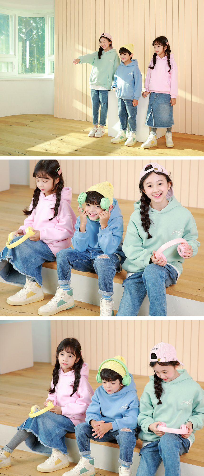 韓國 J KIDS - (裏起毛)單色實穿連帽大學T-薄荷綠