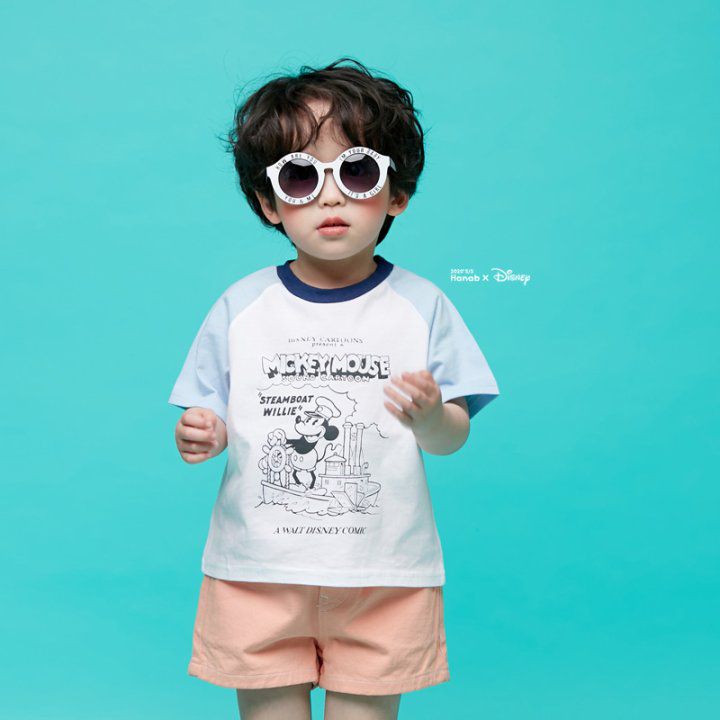 韓國 Hanab - 正版迪士尼-卡通米奇拼接色T-黃