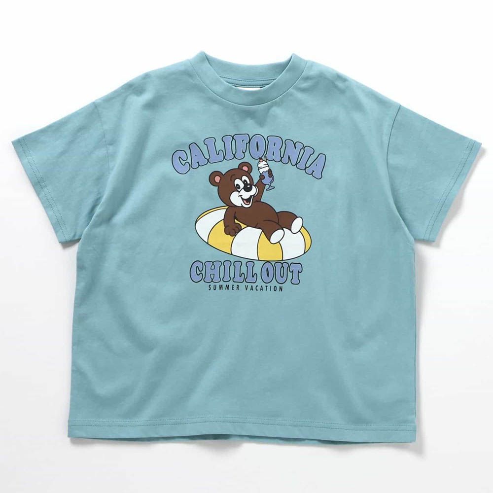 美式風格印花短袖上衣-泳圈熊熊-水藍