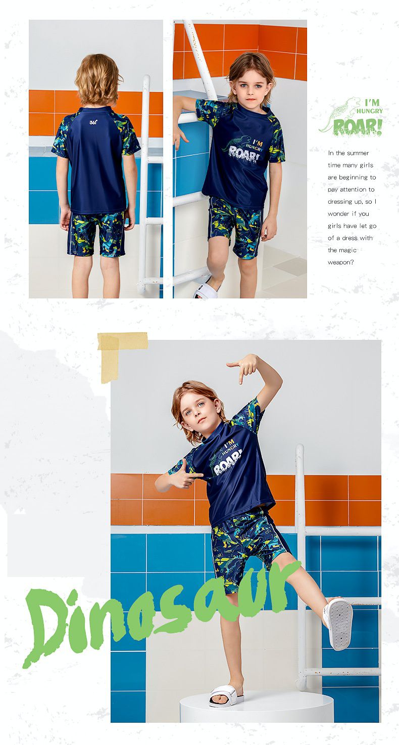 361° - 兒童卡通圖短袖泳衣套裝(二件組)-恐龍世界-淺藍色