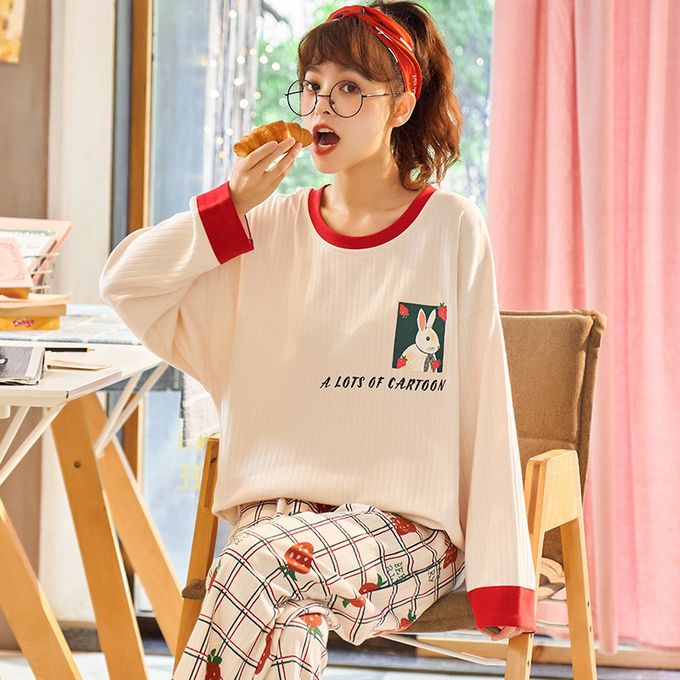 棉質休閒長袖家居服/睡衣套裝-格紋+兔兔-杏+紅
