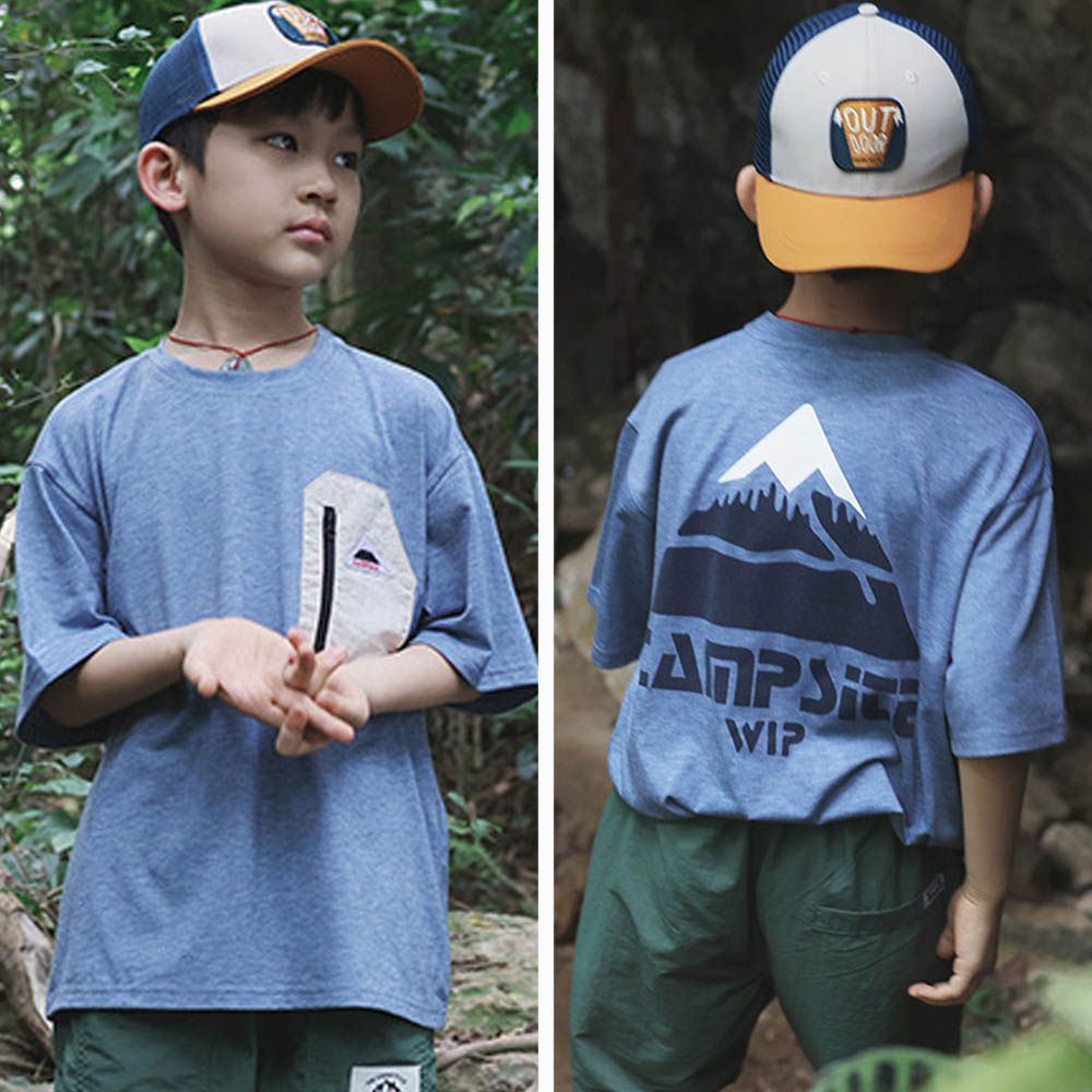 吸濕快乾圓領短袖上衣-前口袋後印花-灰藍