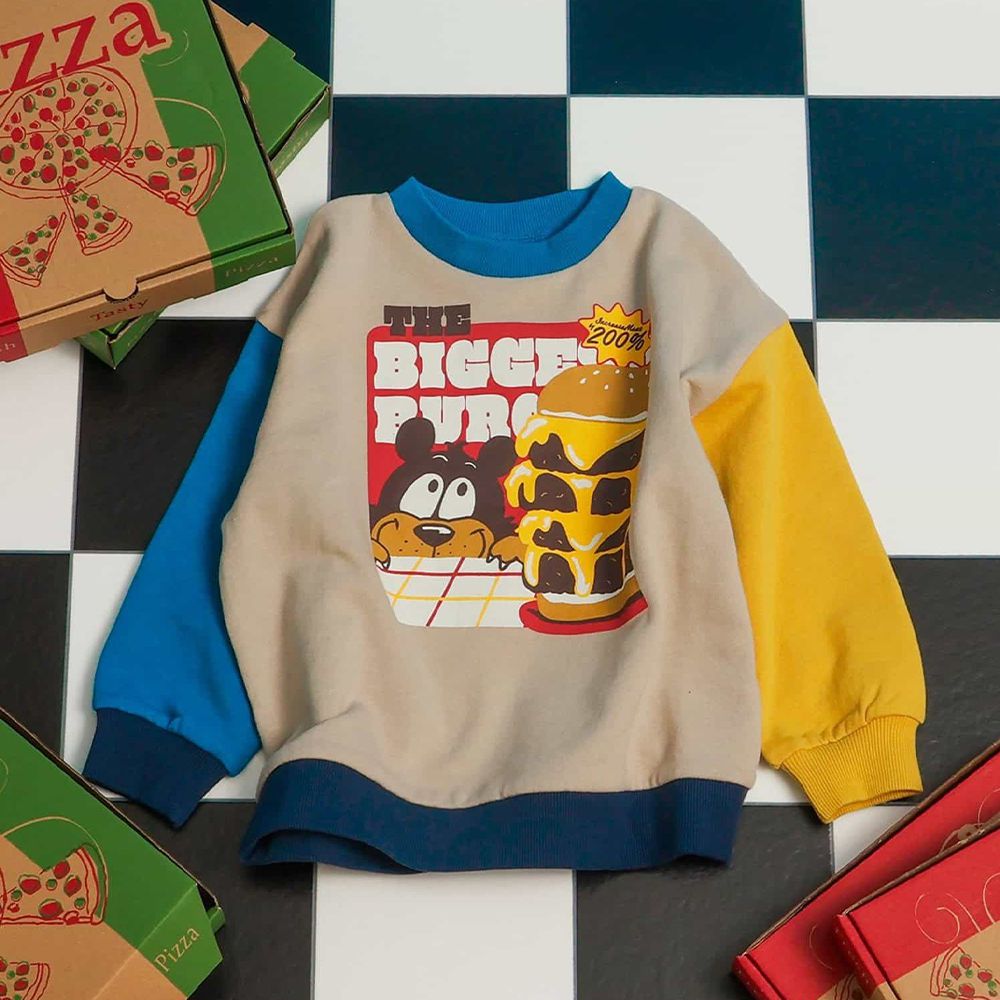 美式餐廳印花裏毛長袖上衣-起司漢堡-撞色藍x黃