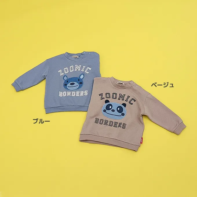 日本 ZOOLAND - 丹寧風小熊裏毛長袖上衣-縫線小熊臉-卡其