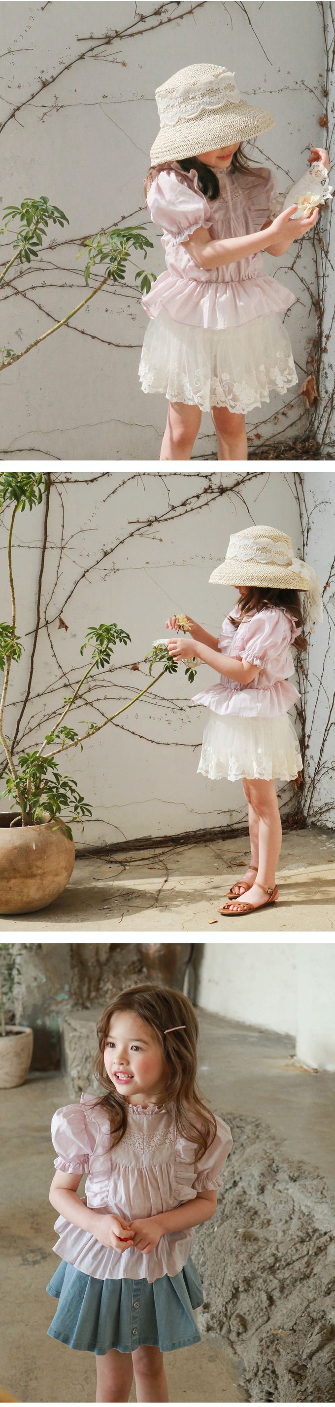 韓國 Puellaflo - 甜蜜花邊裝飾公主袖襯衫-淺粉